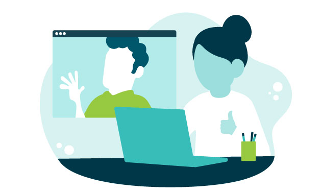 Illustration of a woman on a laptop video call with a man waving on screen, woman giving thumbs up.