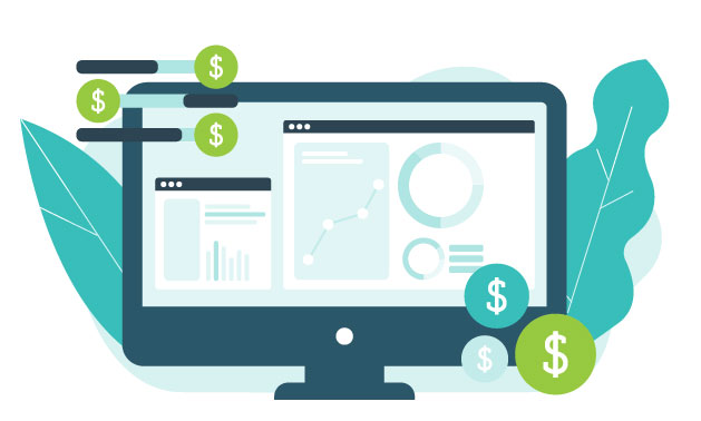 Computer screen with charts and graphs surrounded by green and blue dollar icons and abstract leaves.