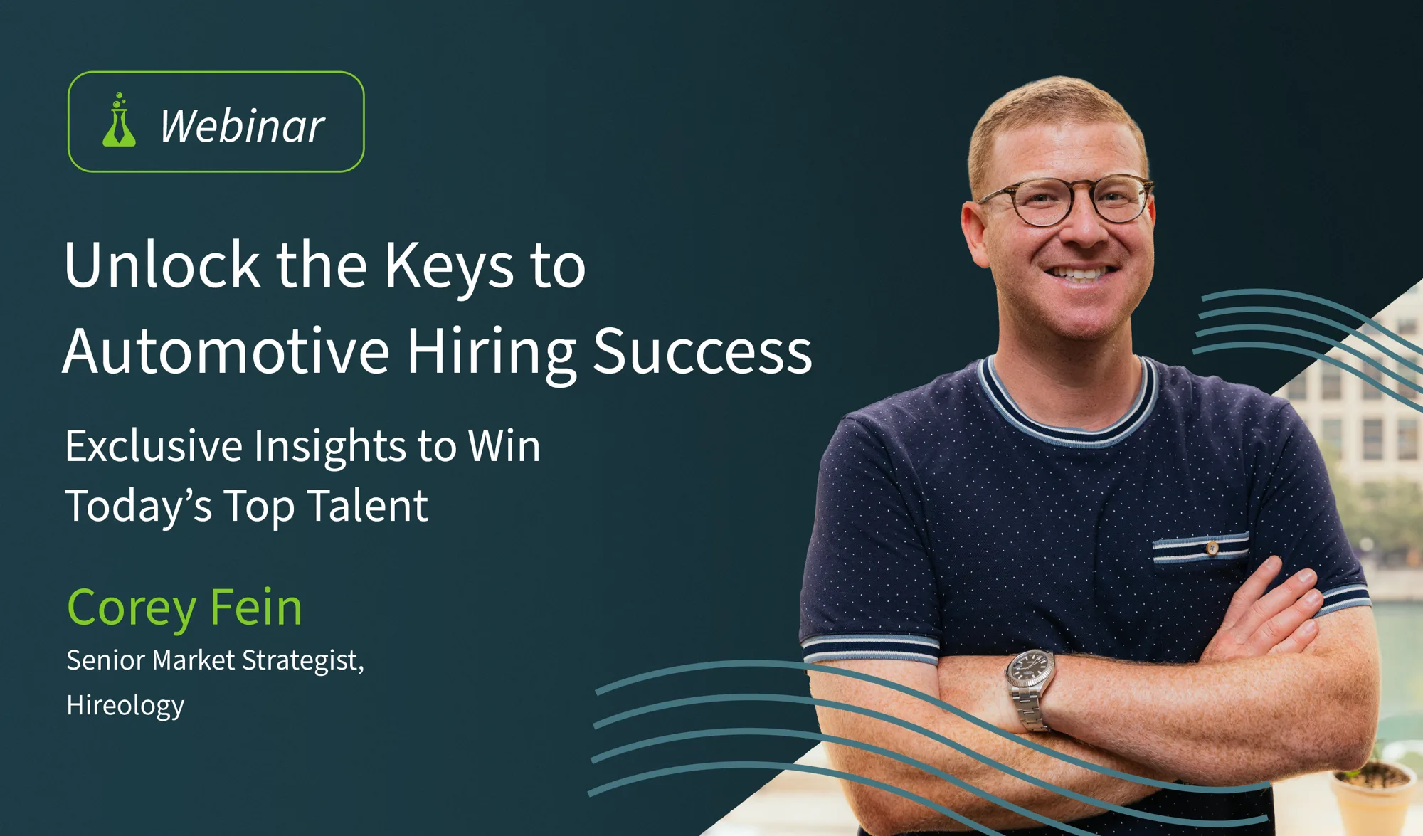 Smiling man with glasses and crossed arms next to text about automotive hiring success webinar.