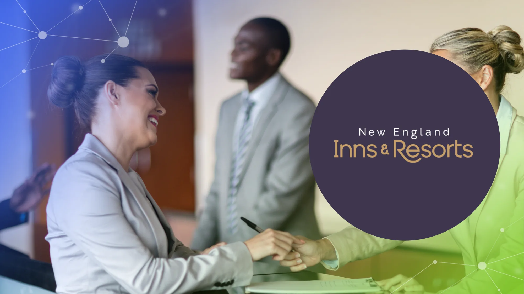 Two women in business attire shaking hands with a man in the background, New England Inns & Resorts logo.