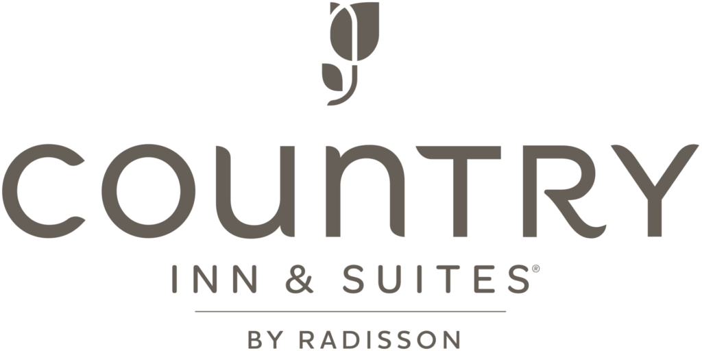 Country Inn & Suites Radisson logo in brown text with emblem above it.
