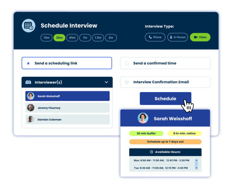 Interview scheduling interface selecting 30min video interview with Sarah Weisshoff and scheduling options.