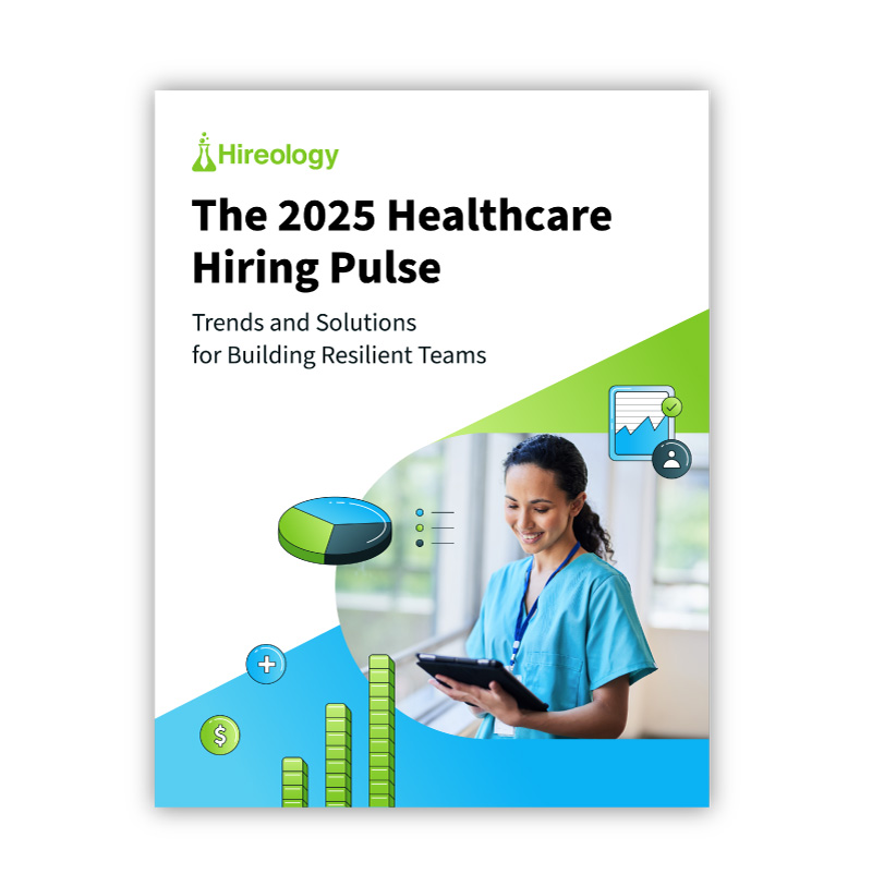 Cover for 2025 Healthcare Hiring Pulse report showing a nurse with a tablet and data icons.