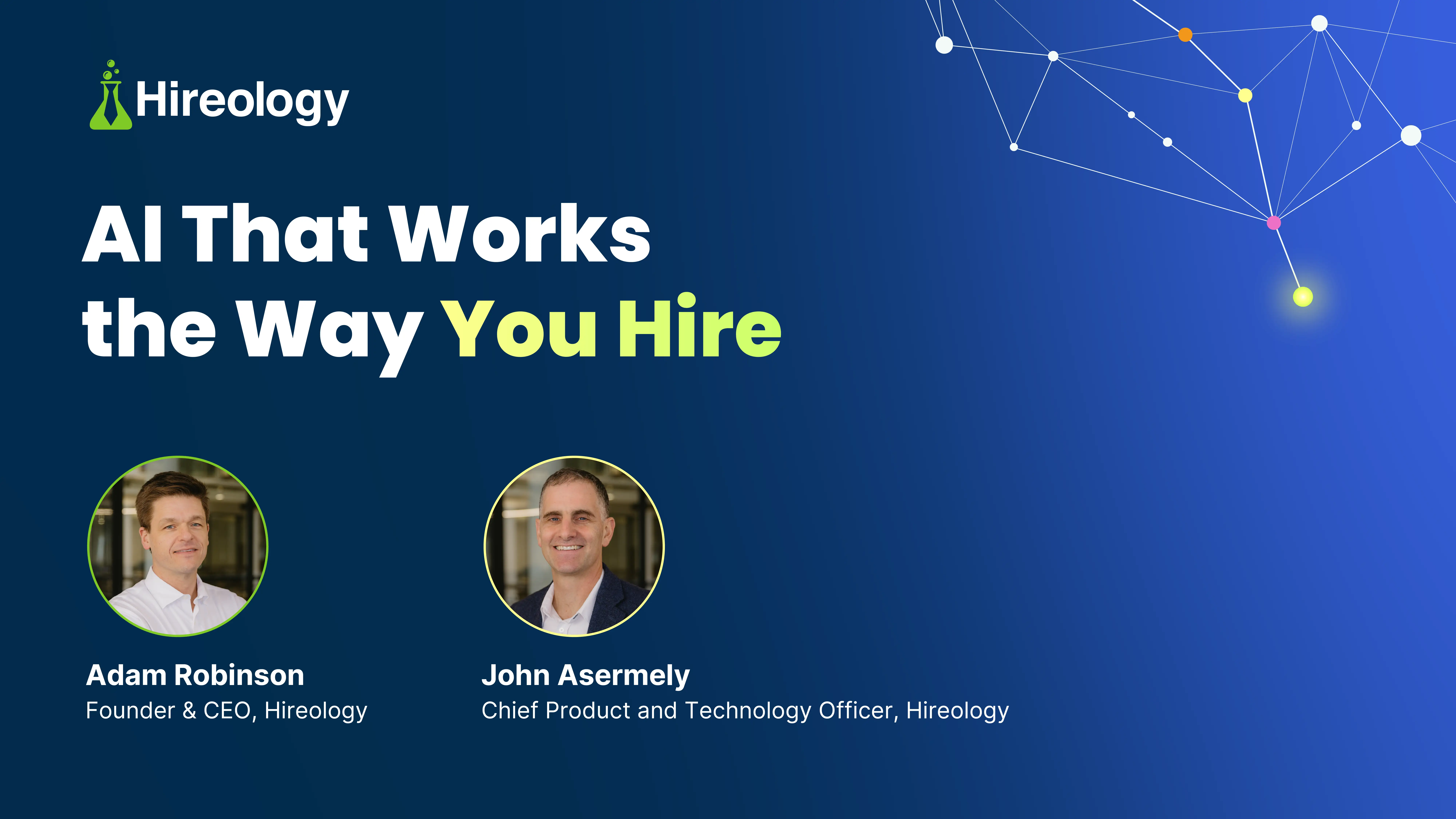 Hireology AI webinar banner with portraits of Adam Robinson and John Aspermely on blue background.