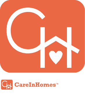 White CareInHomes logo with stylized letters and heart inside house on orange square background.