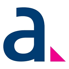 Lowercase letter 'a' in dark blue next to a small pink right triangle on a white background.
