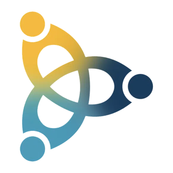 Abstract logo of three stylized figures in yellow, blue, and navy linked in a circular pattern.