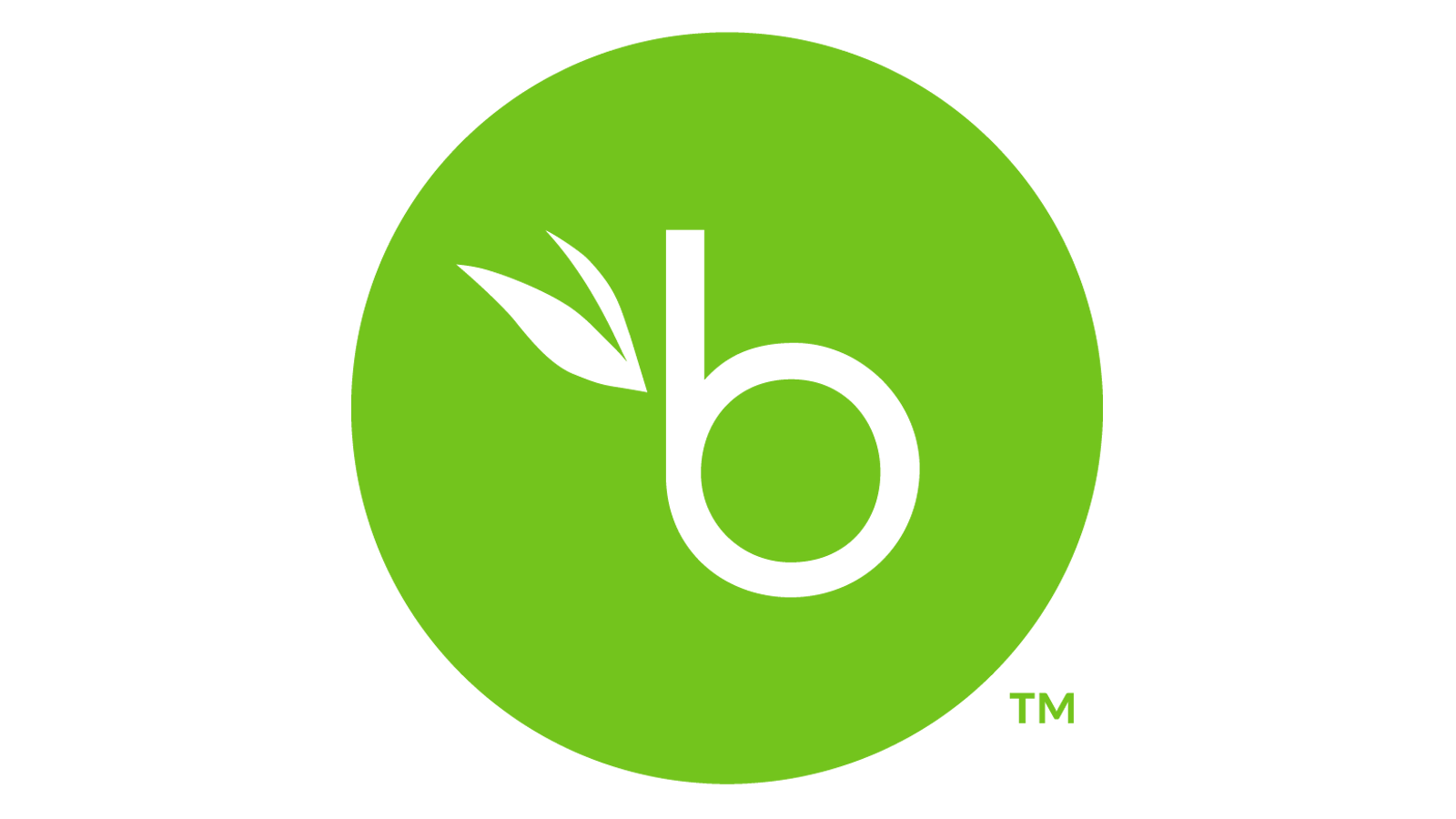 Green circle with black lowercase letter b and two stylized leaf shapes on left side.