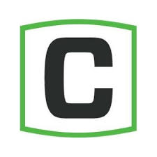 Black letter C inside a green outlined shield shape.