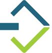 Abstract arrow shape formed by blue and green lines pointing right.