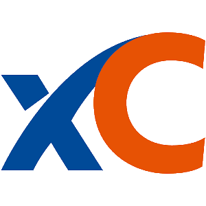 Blue lowercase x with a swoosh crossing into a large orange uppercase C on a black background.