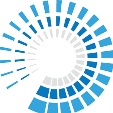 Blue and gray segmented circular spiral graphic with rectangles radiating from center.
