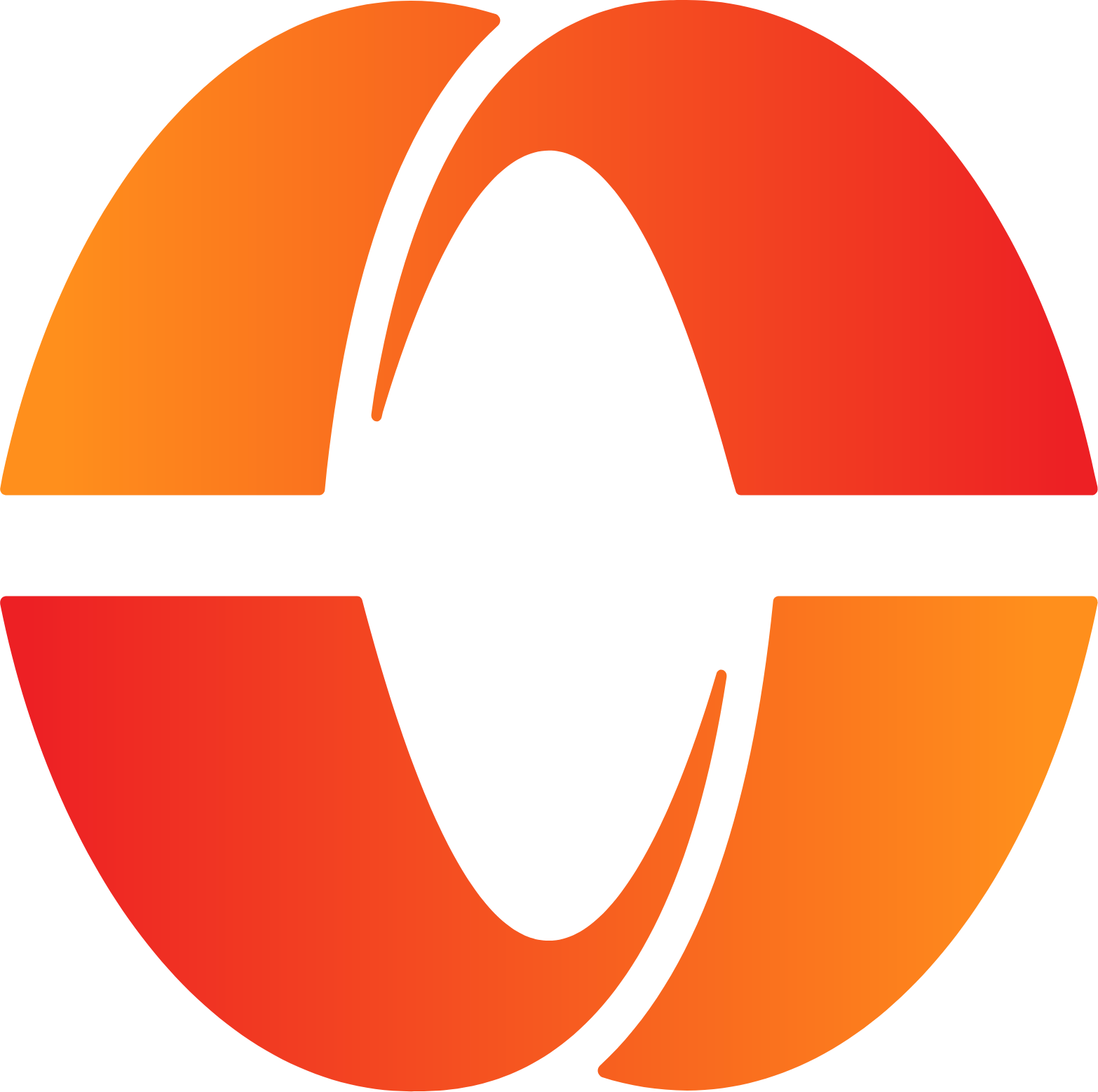 Circular abstract icon with two curved shapes forming an orange to red gradient around a black center.