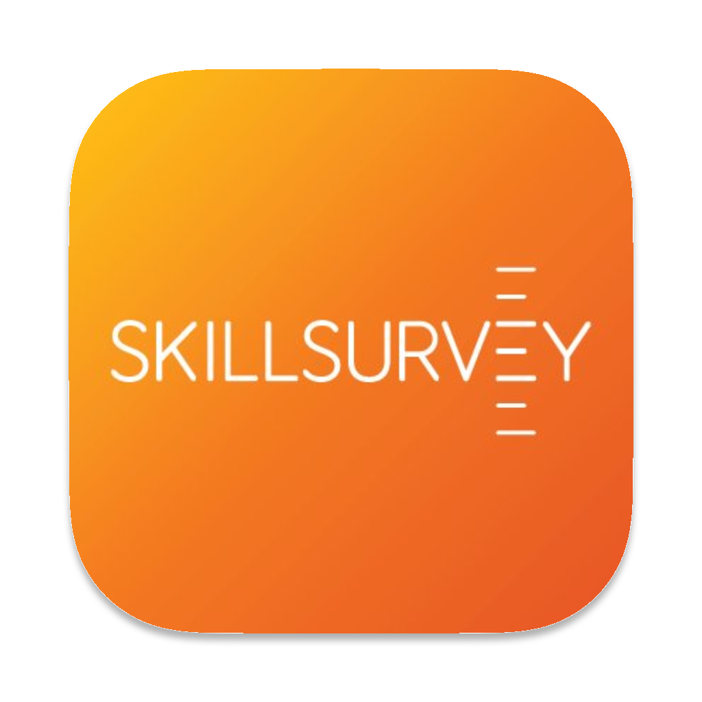 Orange square with rounded corners showing the word Skillsurvey in white letters with stylized survey marks for V.