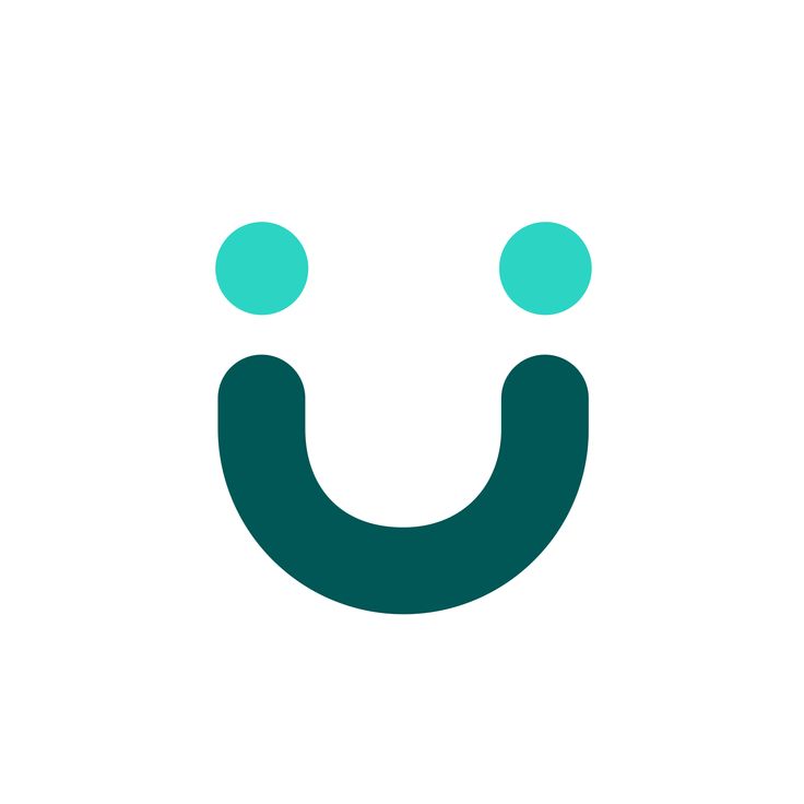 Abstract smiley face with two teal dots as eyes and a dark teal wide U-shape as a smile.
