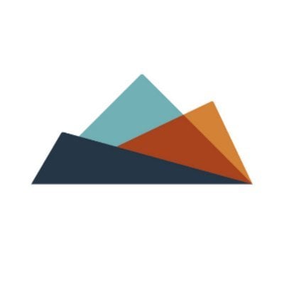 Three overlapping triangles in blue, teal, and orange forming a mountain-like shape.