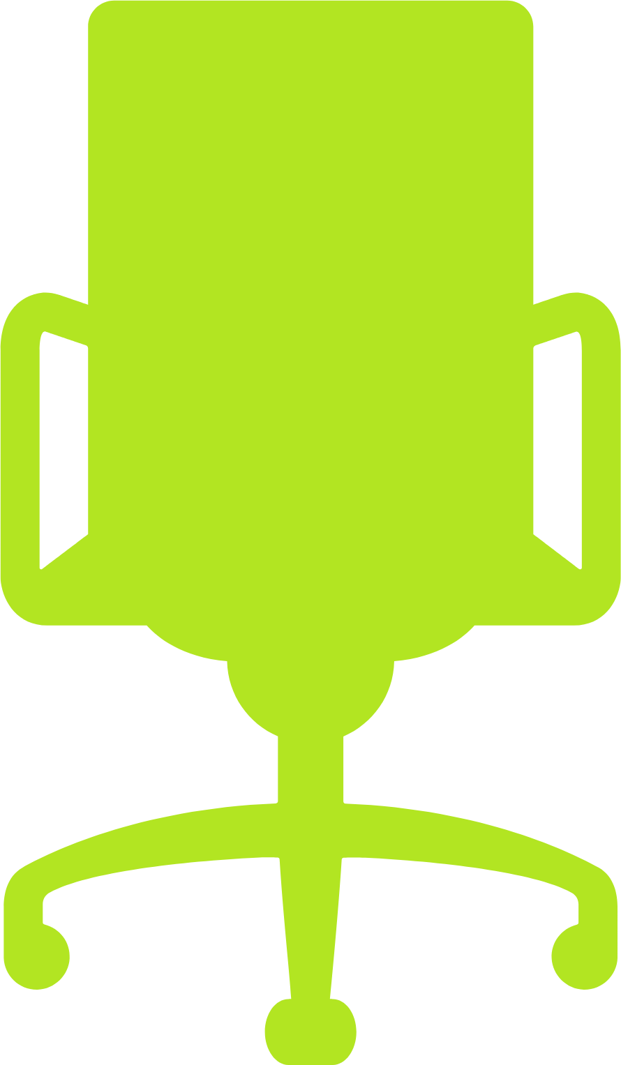 Simple lime green office chair icon with armrests and swivel base.