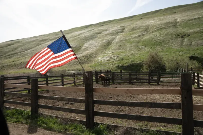 American flag flying over the corral, green Palouse hills behind