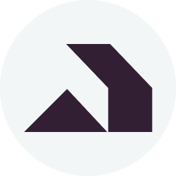 Dark purple abstract arrow shapes pointing upwards and right inside a light gray circle.
