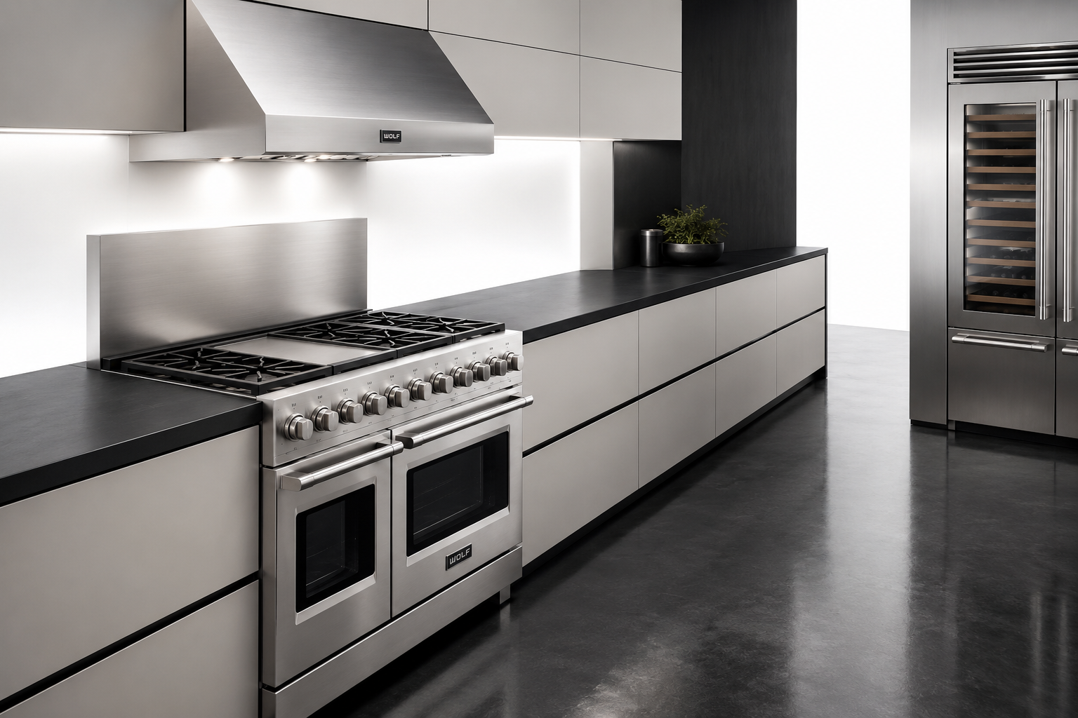 Modern kitchen with stainless steel Wolf stove, hood, long black counter, and wine fridge.