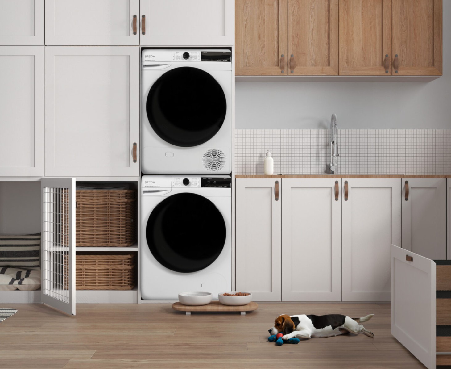 Modern laundry room with stacked washer and dryer, cabinets, and a dog playing with a toy on the floor.