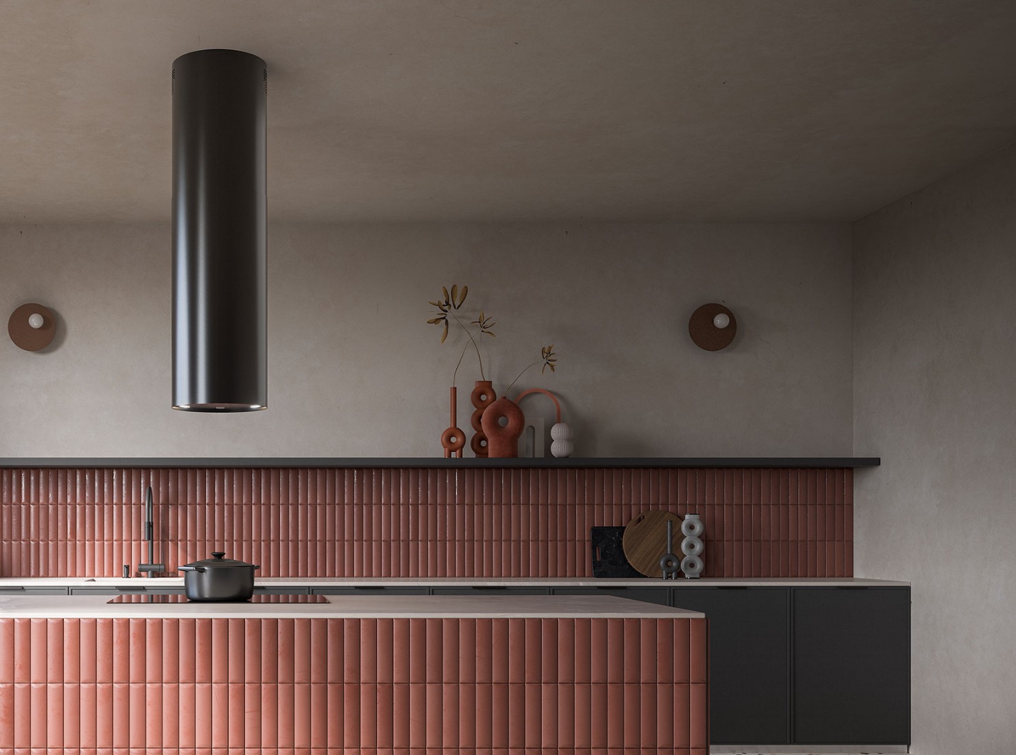 Modern kitchen with terracotta tile backsplash and island, black stove, and decorative vases on shelf.