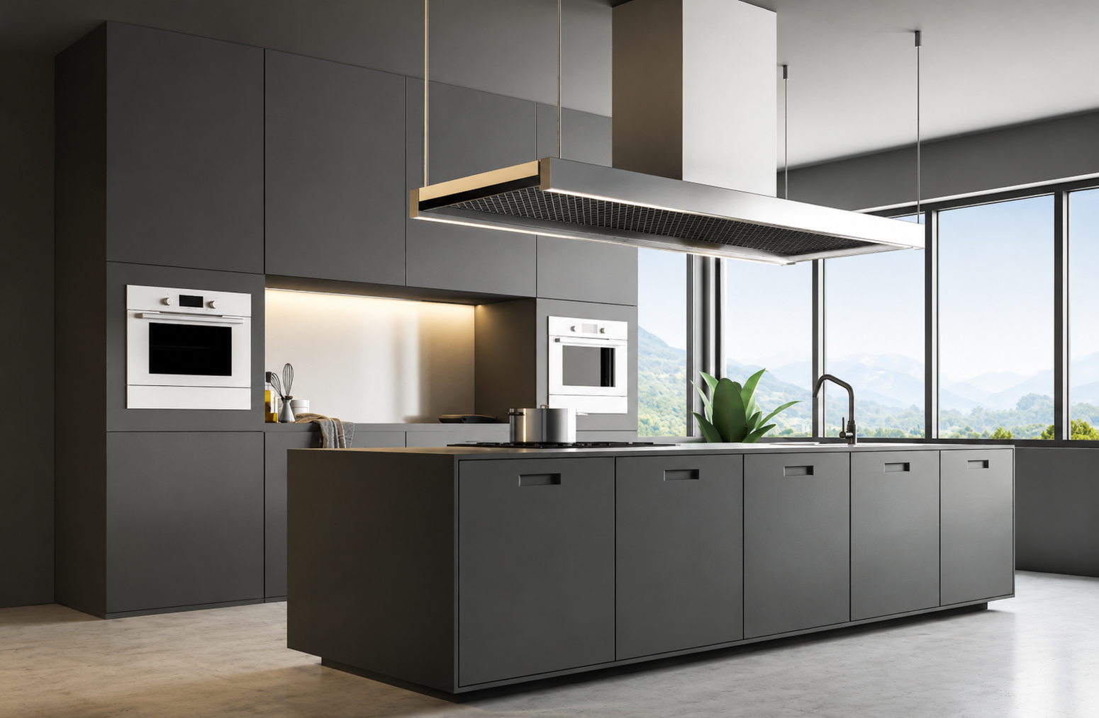 Modern flush built-in kitchen with gray cabinets, island, double ovens, a large vent hood, and mountain view windows.