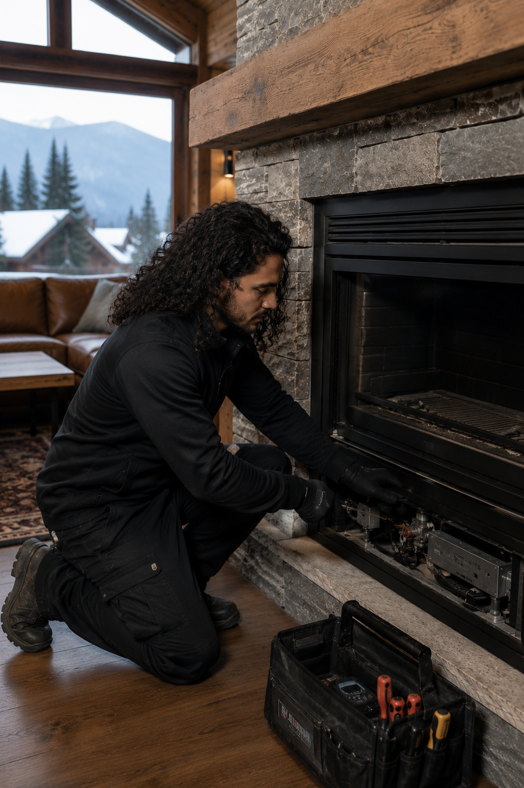 Technician kneeling and repairing a modern fireplace in a cozy mountain cabin.