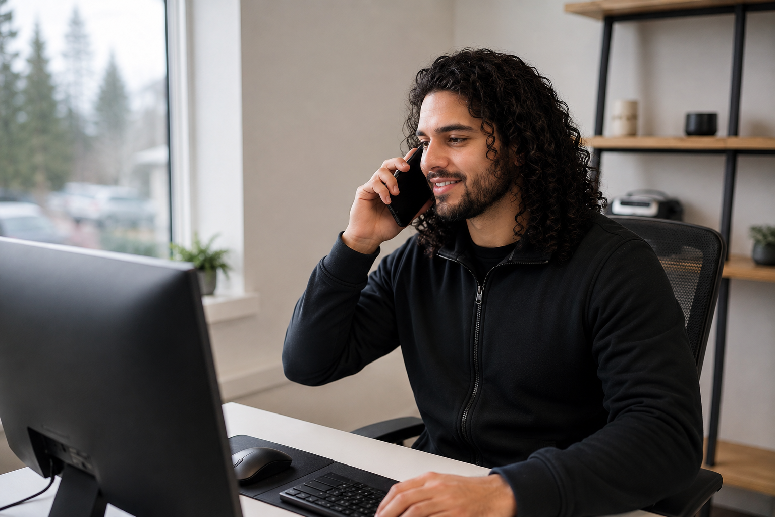 Man with curly hair in black jacket talking on phone while working at a desk with computer.
