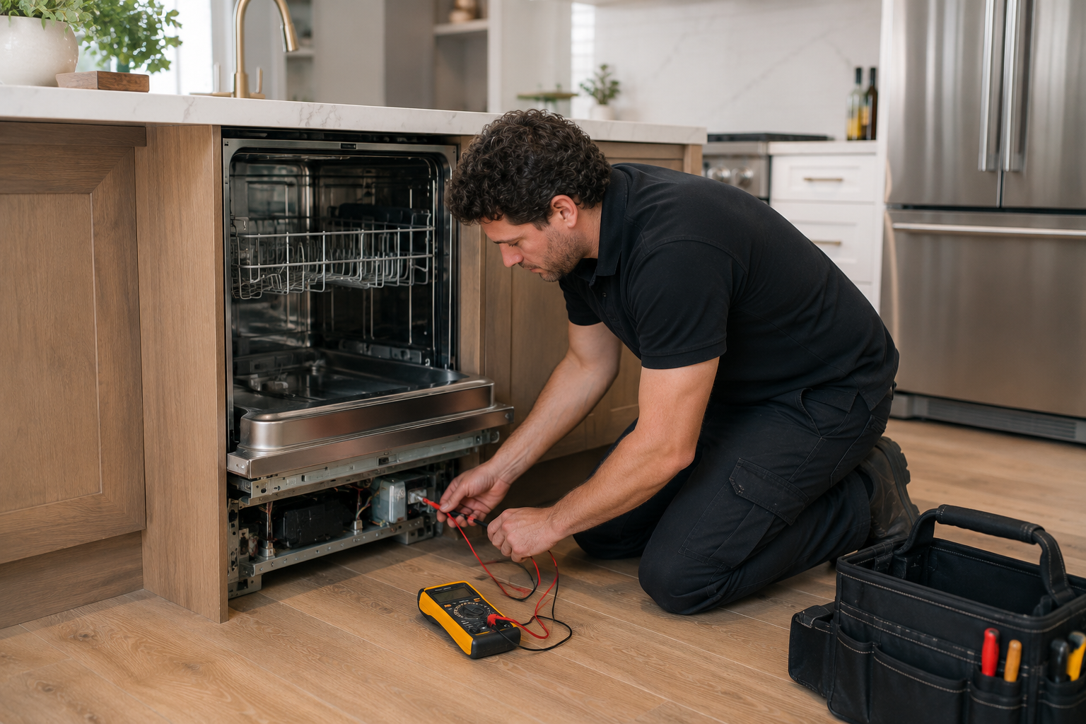 Technician kneeling in kitchen repairing a dishwasher using a multimeter and tools.