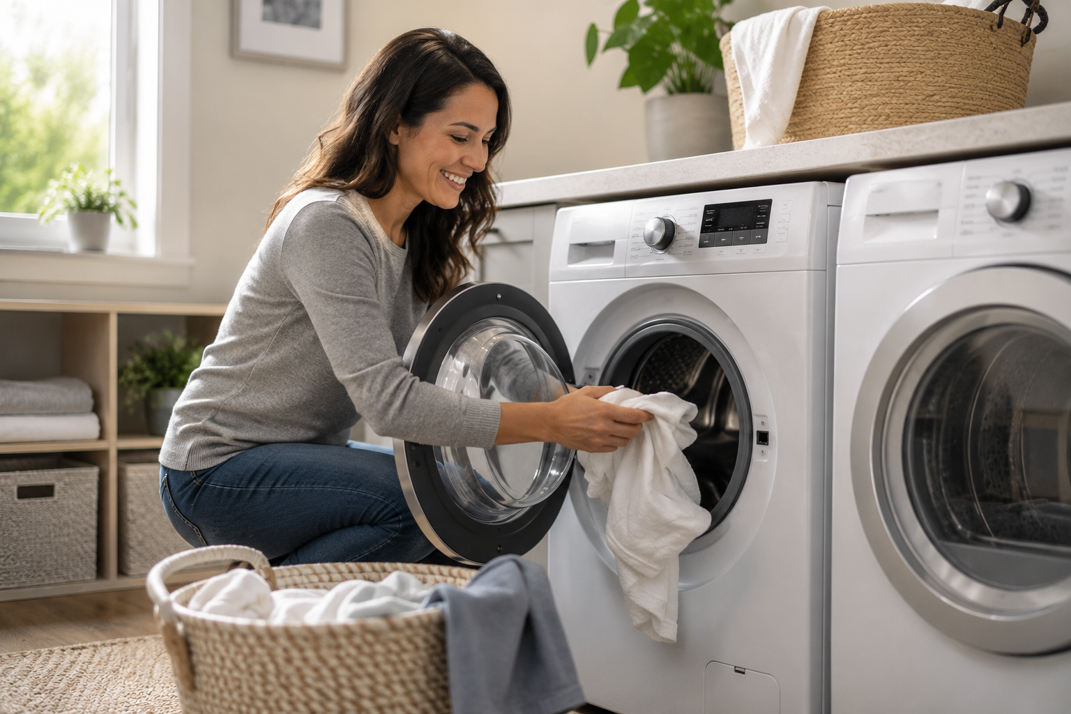 Smiling woman loading white clothes into front-loading washing machine in bright laundry room.