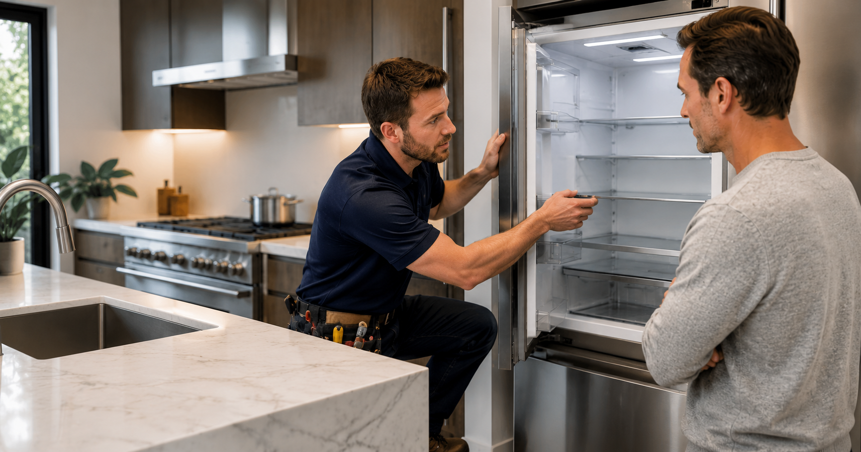 Technician explaining refrigerator shelves to a man in a modern kitchen with marble counters and stainless appliances.