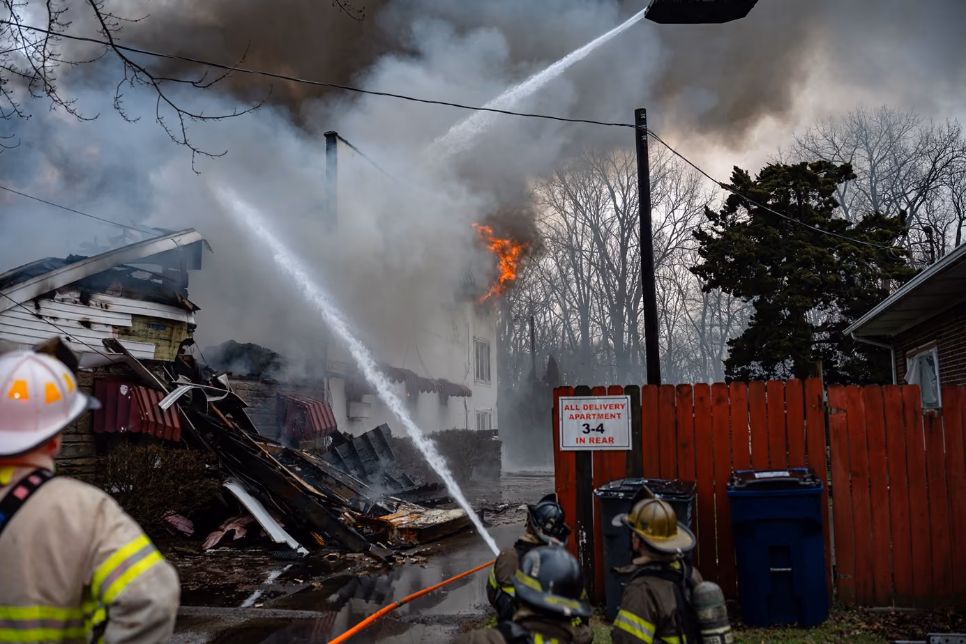Firefighters spraying water to extinguish fire engulfing part of an apartment building.