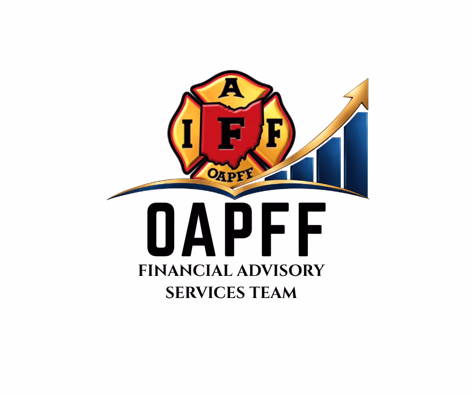 Logo combining the firefighter maltese cross emblem with letters I, A, F, and F around a red outline of Ohio with the letter F in the center, above the text OAPFF Financial Advisory Services Team and a stylized rising bar chart with an upward arrow representing financial growth.