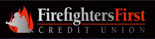Firefighters First Credit Union logo with a red flame and firefighter silhouette next to white and red text on a black background.