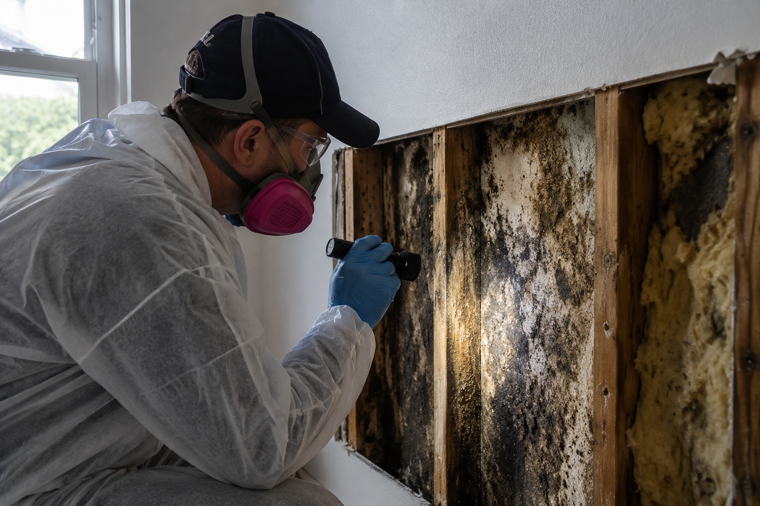 Technician in protective suit and respirator inspecting mold damage inside a home wall cavity