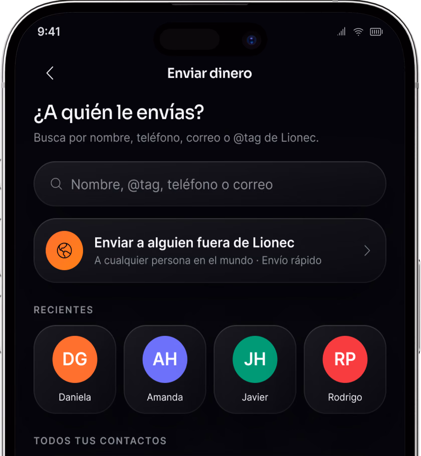 iPhone showing the Lionec send money screen