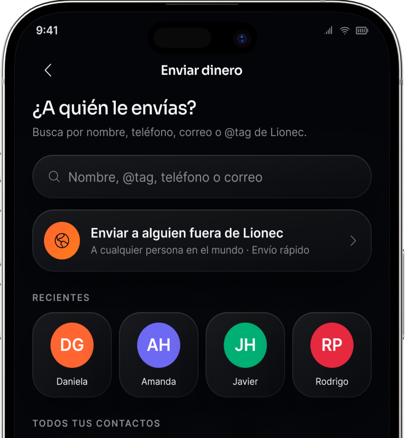 iPhone showing the Lionec send money screen
