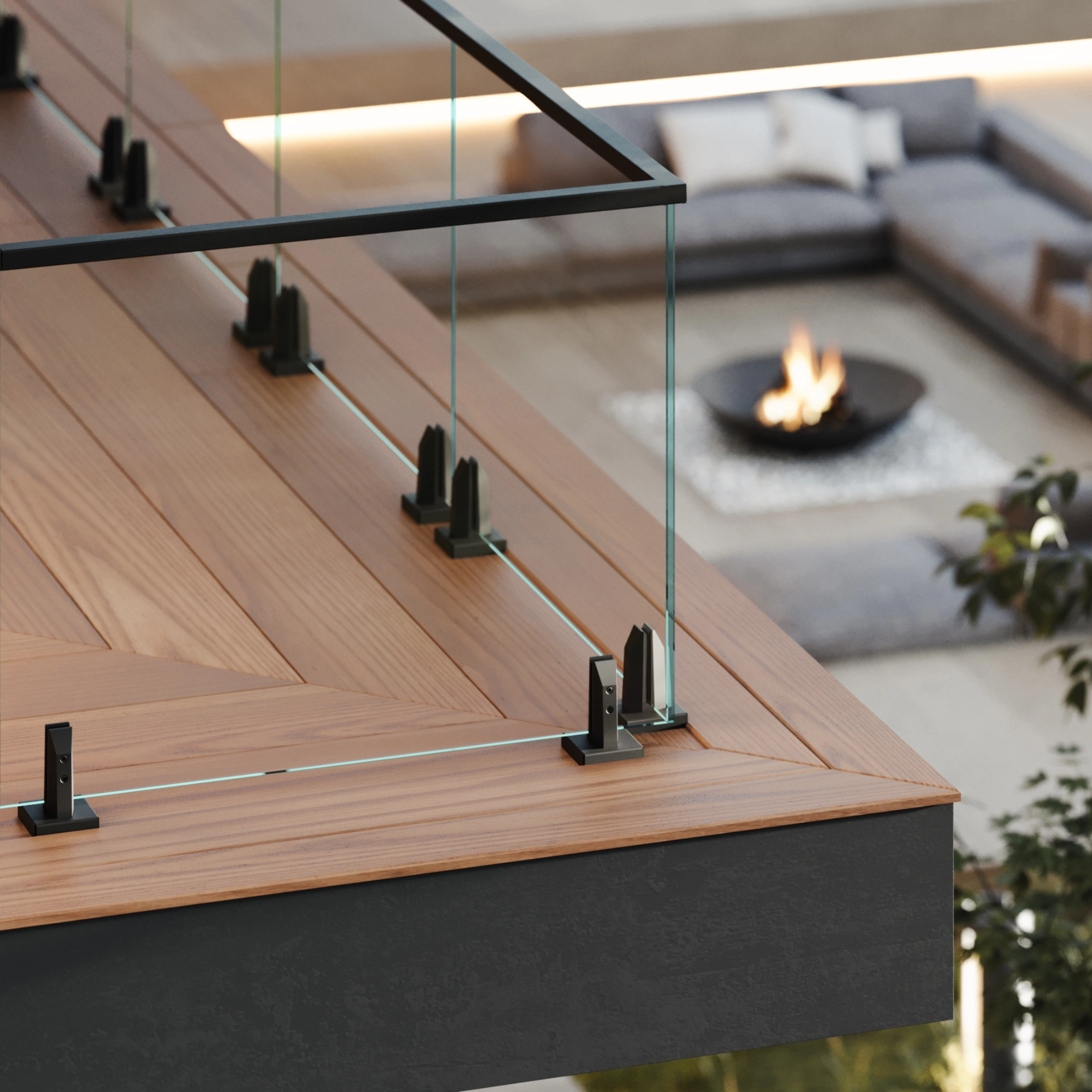 A Talon Spigot system on a high balcony with black powder-coated talons and handrail