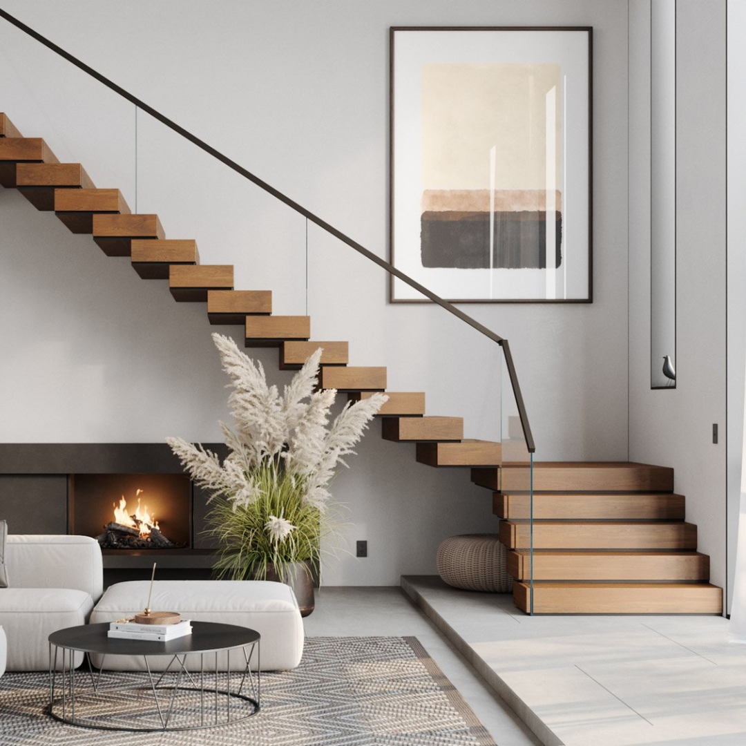 Render of a stacked stair and glass railing above a fireplace seating area