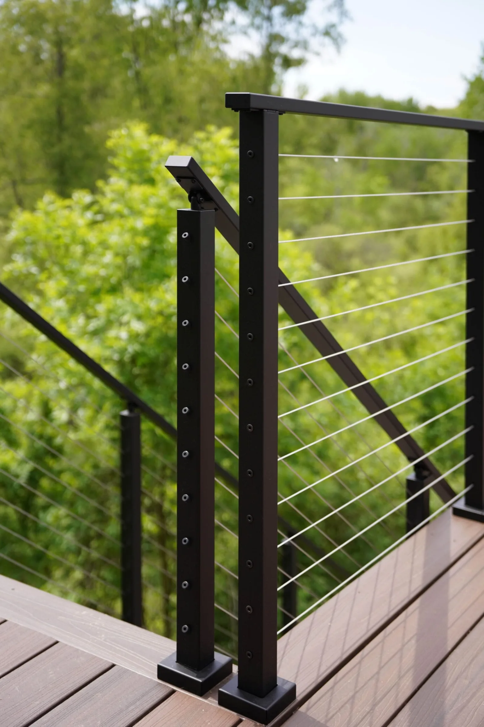 Black posts with stainless cable infill rising from composite decking against summer trees