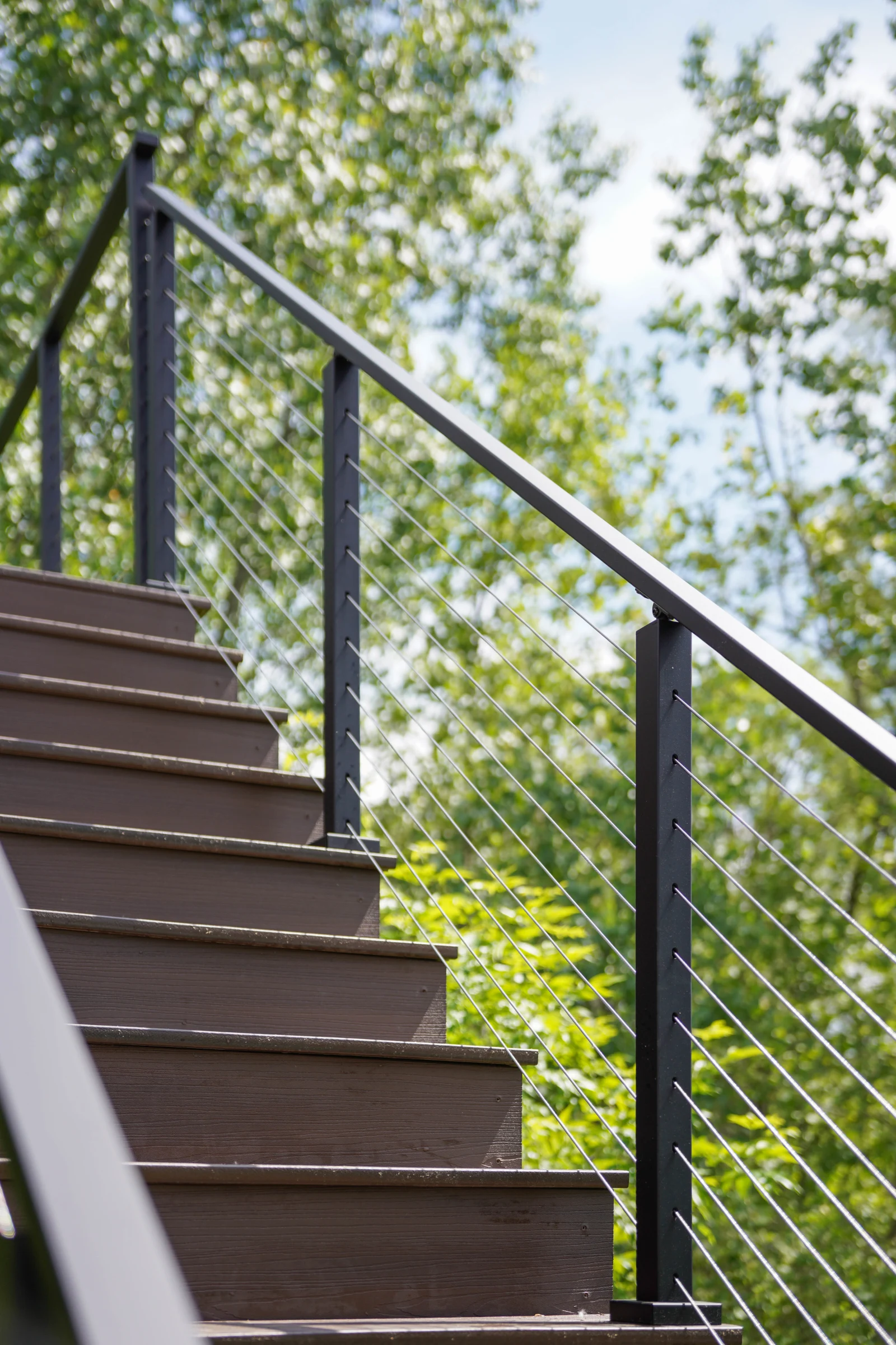 Black posts and taut stainless cable running up outdoor steps against bright green foliage