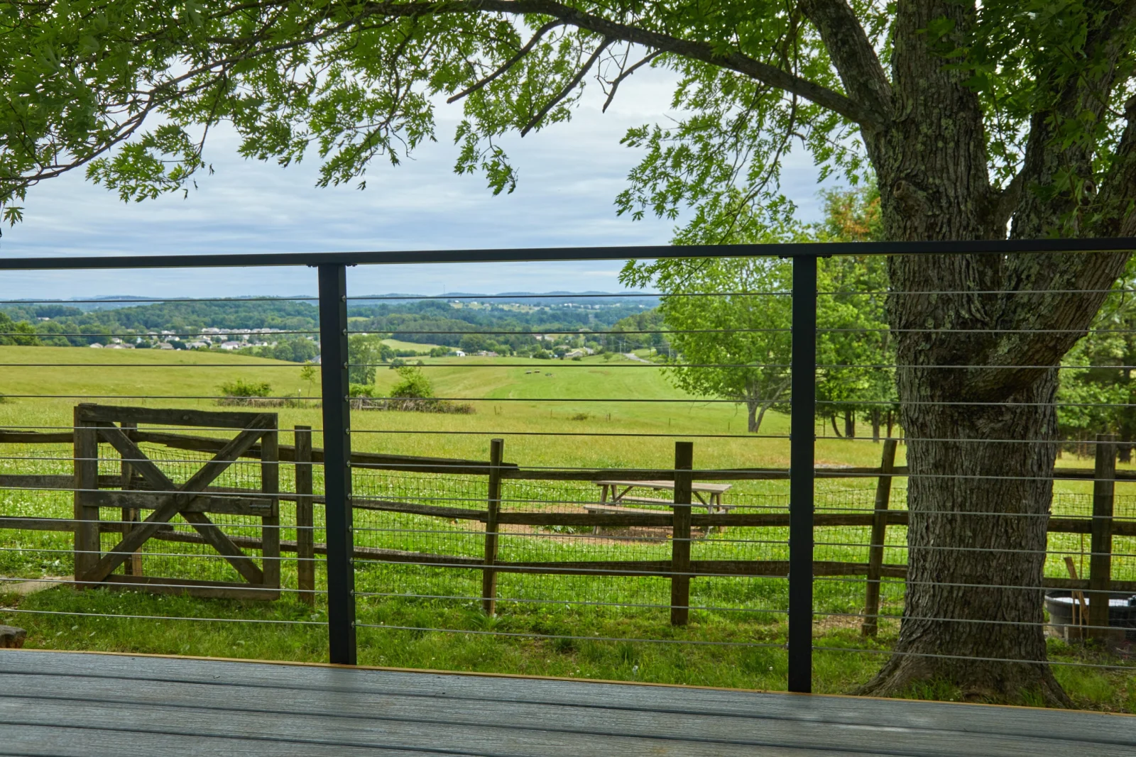 Black cable railing framing a pasture view with split-rail fencing and a tree