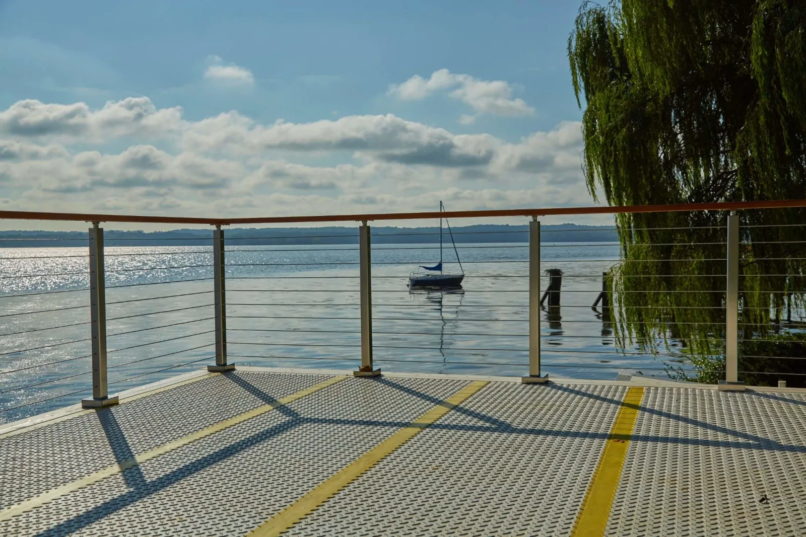 Willow branches over a pier railing with cables spanning the view to the bay