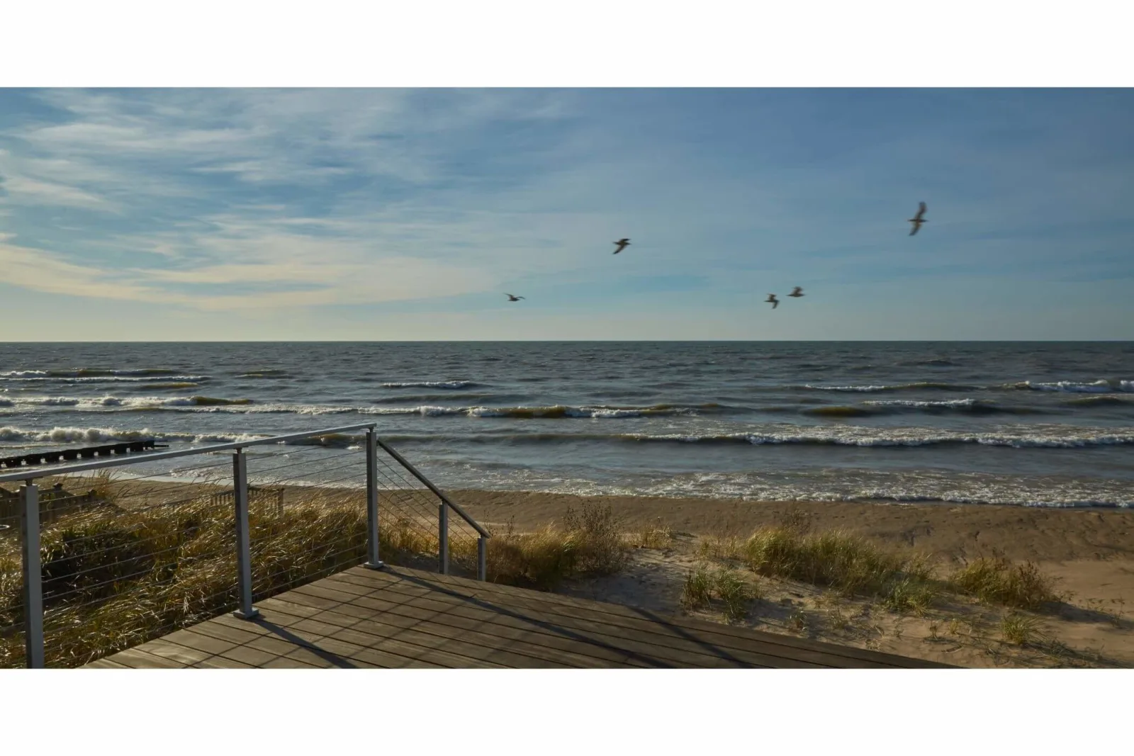 Cable railing edging a lakefront boardwalk with gulls over breaking waves