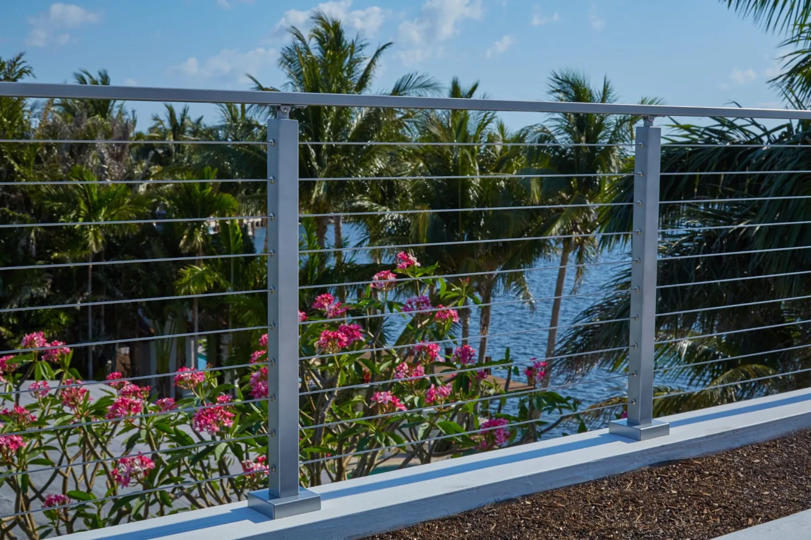 Cable railing behind flowering pink shrubs along a waterfront walkway