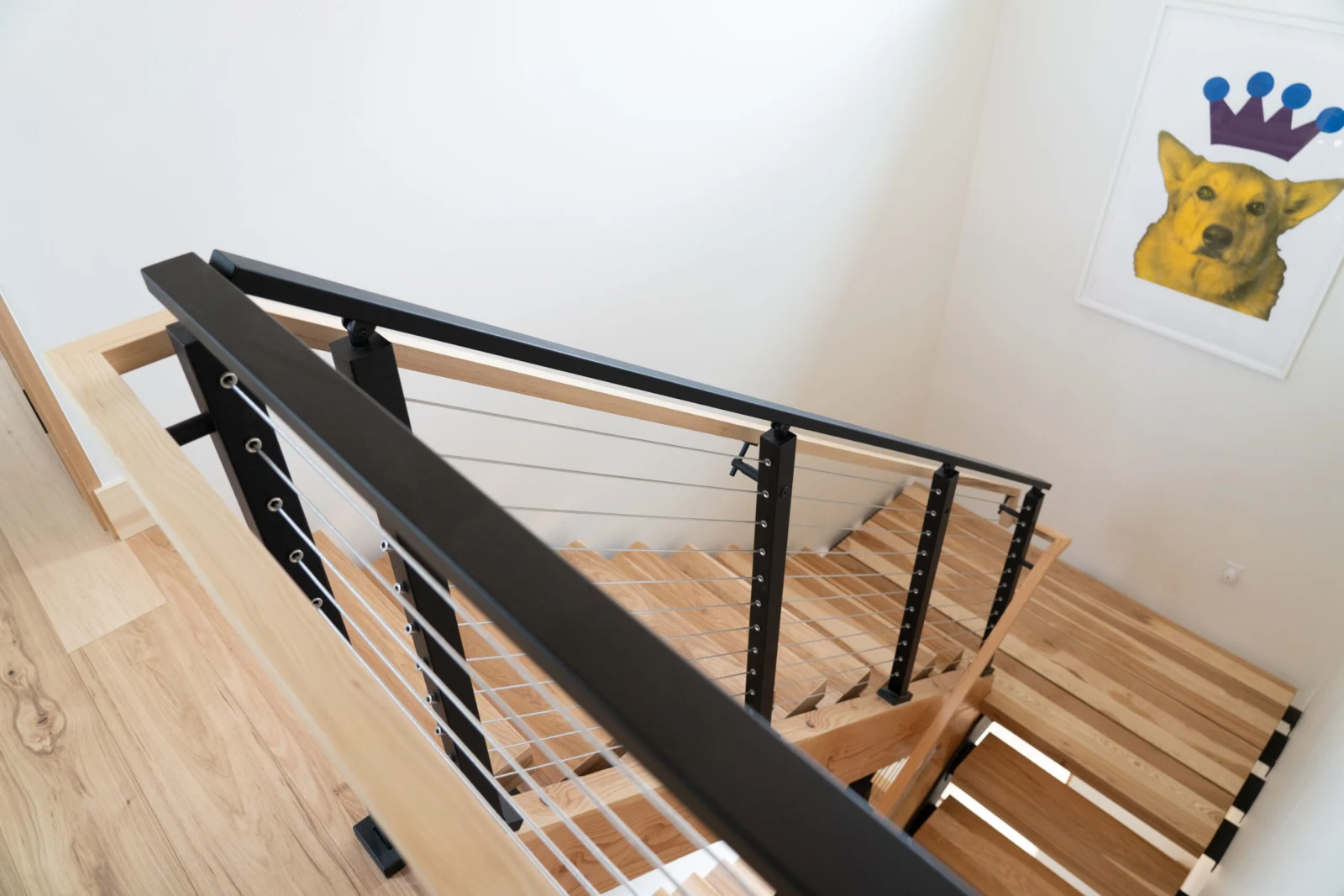 Looking down a stairwell over black posts, cables and a top rail