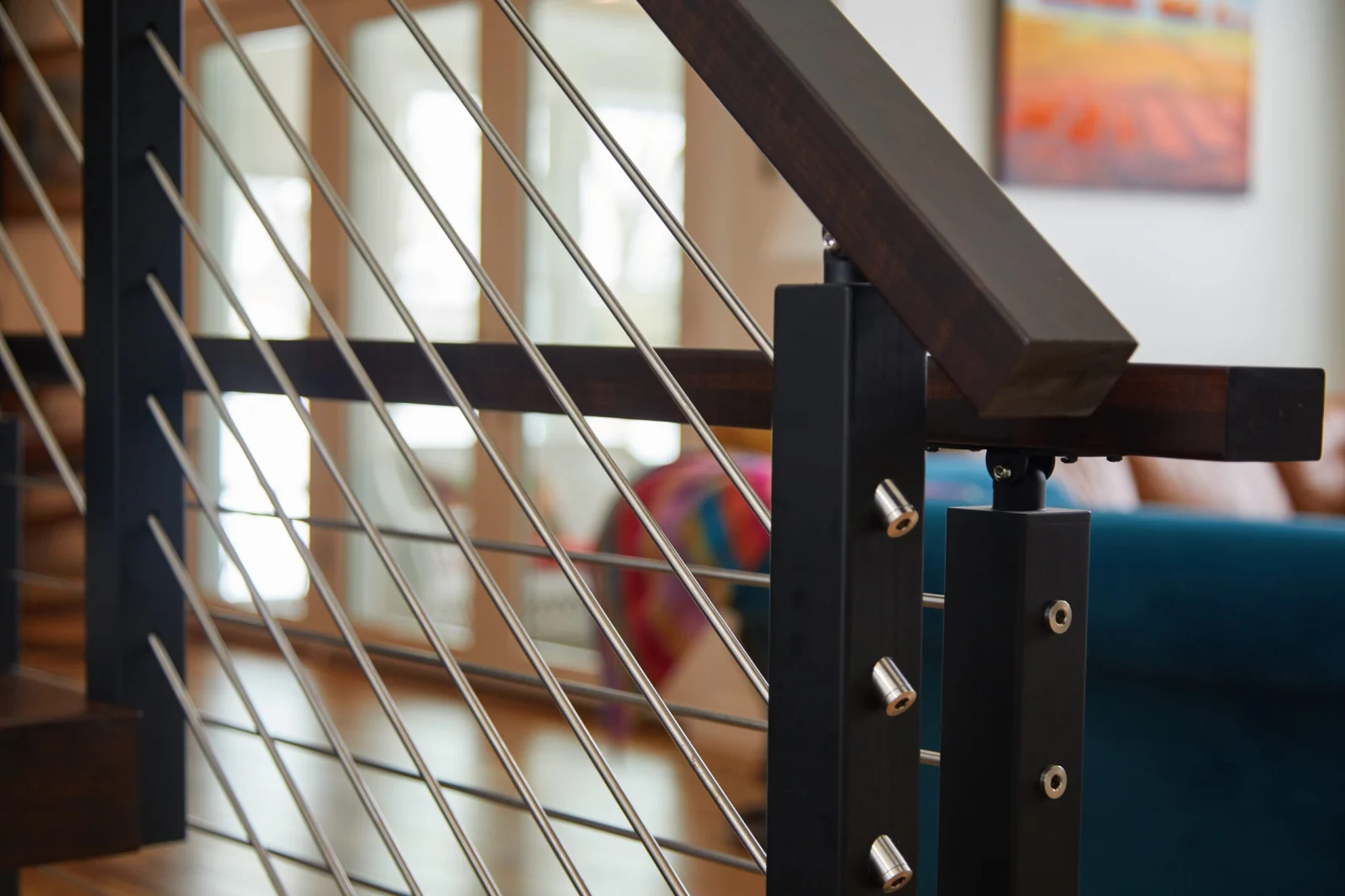 Balcony railing detail, rod terminals set into the post face