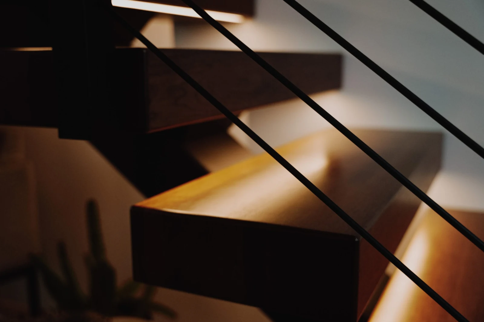 Tight crop on tread edges and taut black rods catching warm light in shadow
