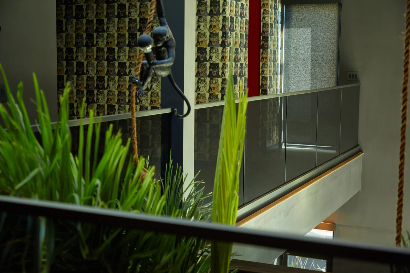 Foliage in the foreground with the glass balcony railing and tiled wall behind